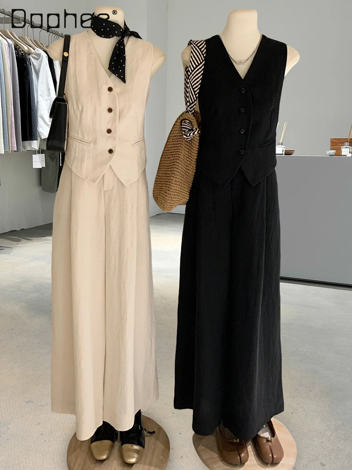 

Commuter Style High-end Suit Outfits Summer New Simple V-neck Sleeveless Vest High Waist Slim Wide Leg Pants Two-piece Set Women