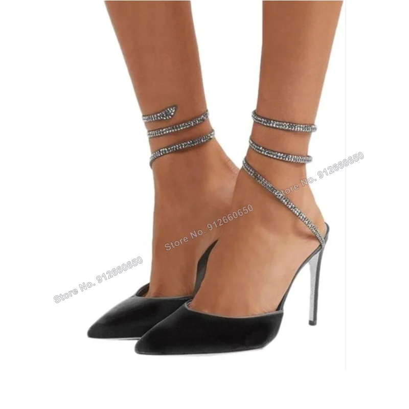 

Moraima Snc Black Pointed Toe Twine Sandals Crystal Stain Stilettos High Heels Cut Out Silk Summer Pink Wedding Shoes on Heels