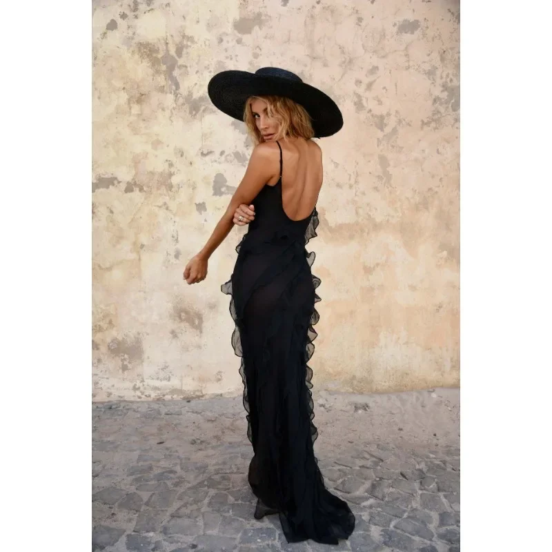 Sexy 2025 moda cinta com decote em v sem costas espartilho fino ajuste fenda chiffon longo maxi vestido elegante feminino em camadas plissado vestido de festa