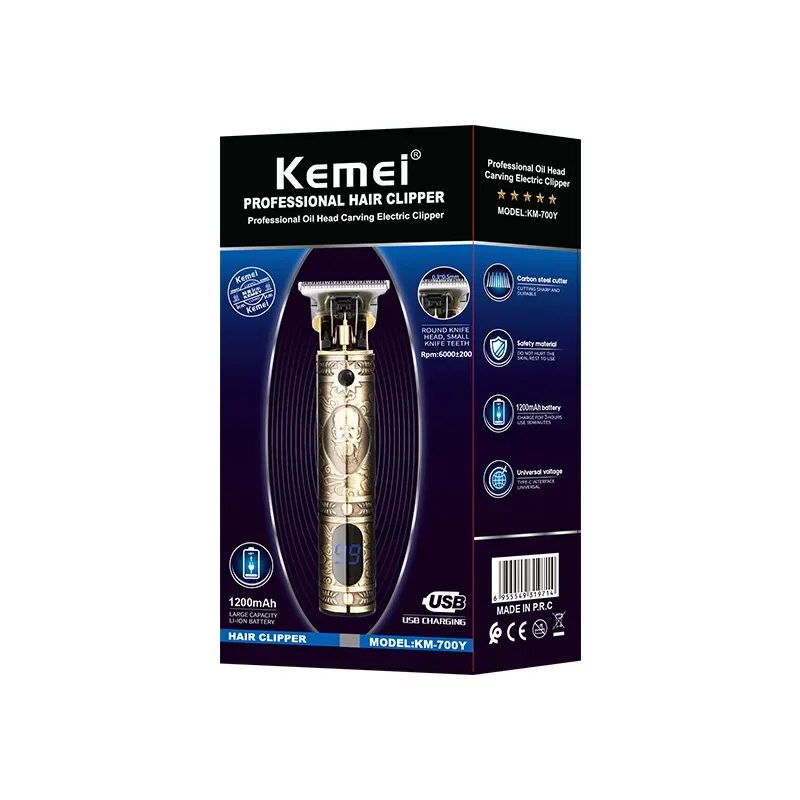 Kemei Km-700Y Retro Design Carbon Steel T Blade LCD Digital Display Rechargeable Electric Hair Clipper