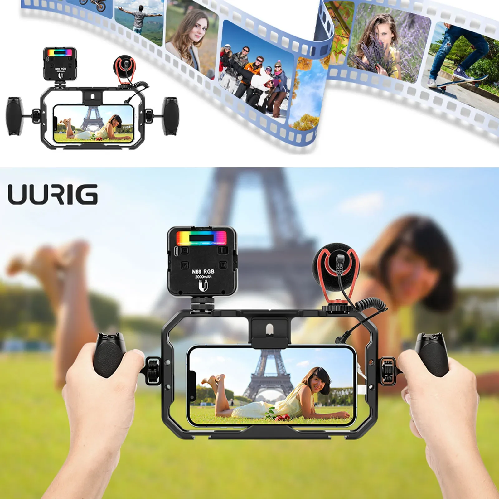 UURIG VRig Cell Phone Cage Stabilizer Rig for Video Recording Phone Holder Mount & Cold Shoe Mount with Side Handle