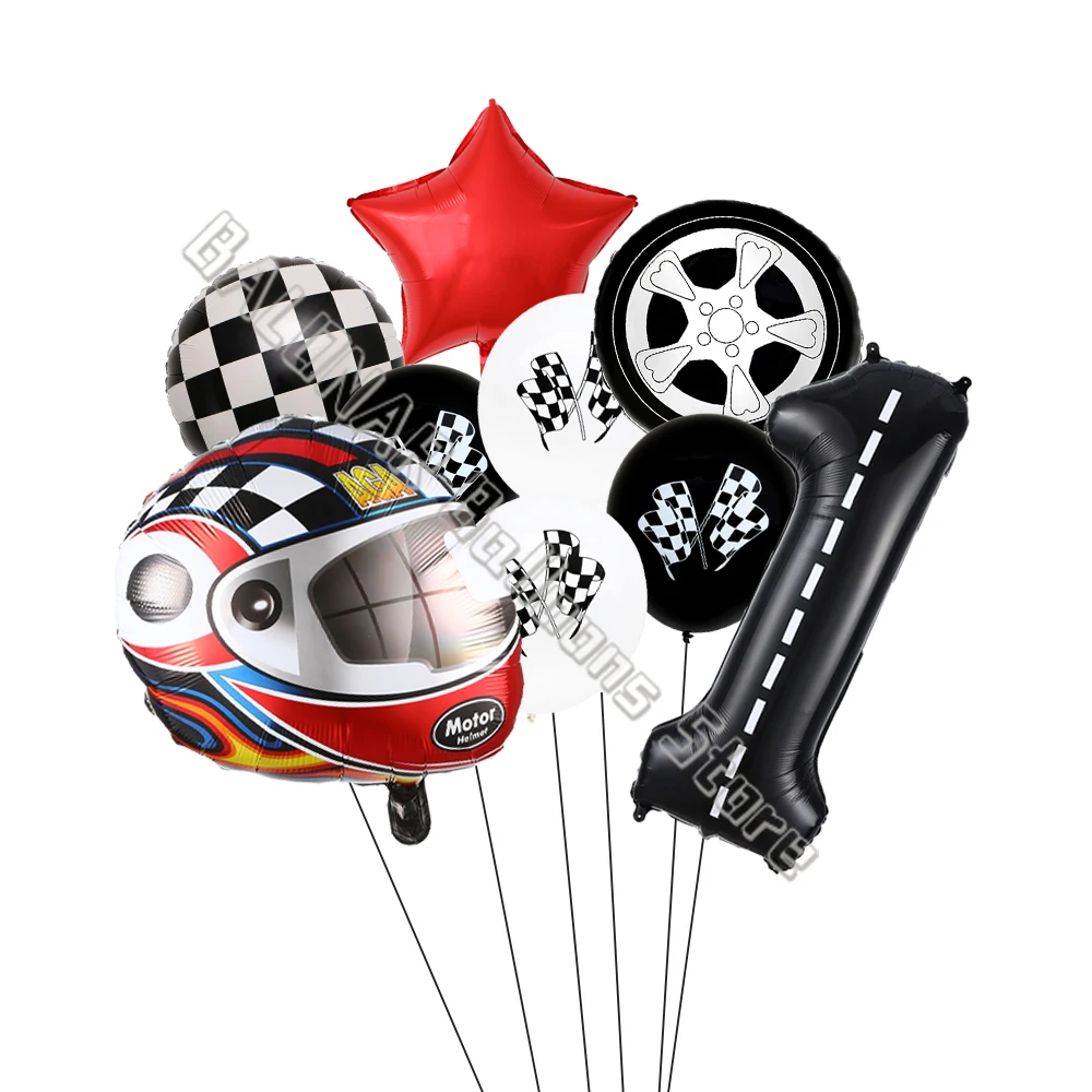 5/9pcs Race Car Theme Balloon Set With 30inch Number Balloon Wheel Checkered Foil Globos Kids Boys Birthday Party Decor Supplies