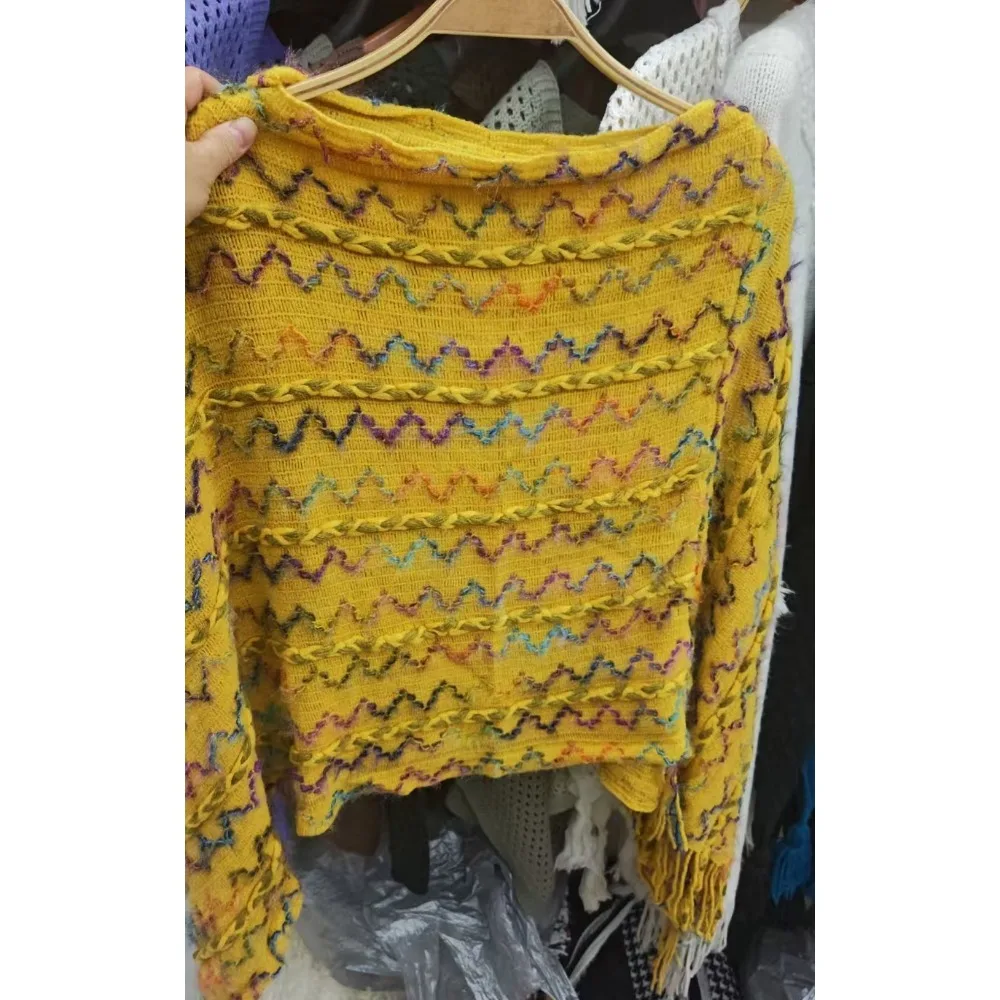 

Модный вязаный пуловер в этническом стиле, шаль, зимняя теплая элегантная монгольская шаль в полоску с кисточками, женская мода