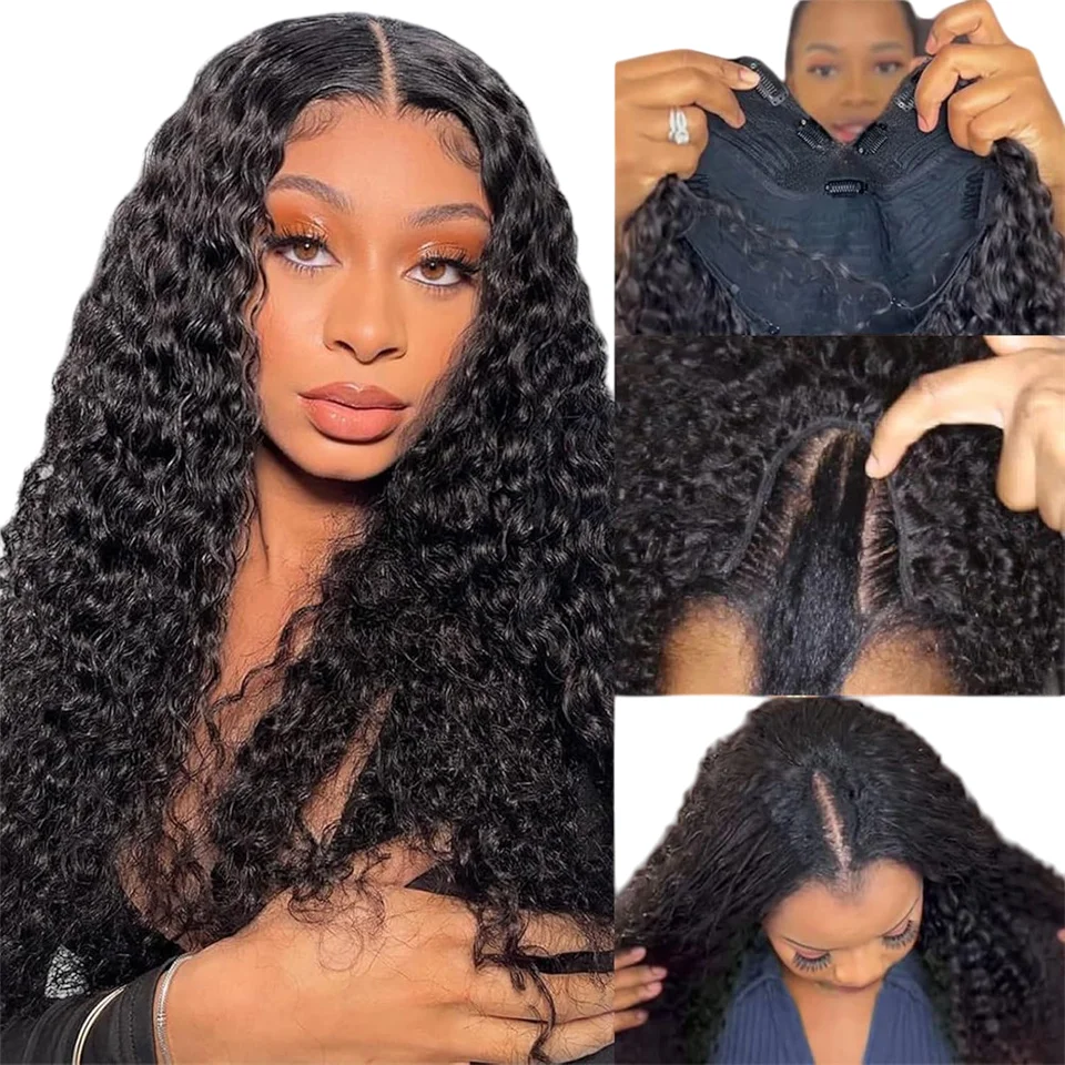 

V Part Curly Human Hair Wigs No Leave Out No Glue 32inch Curly Half Wigs Human Hair Density180 Upgrade V Shape Wigs Easy To Wear