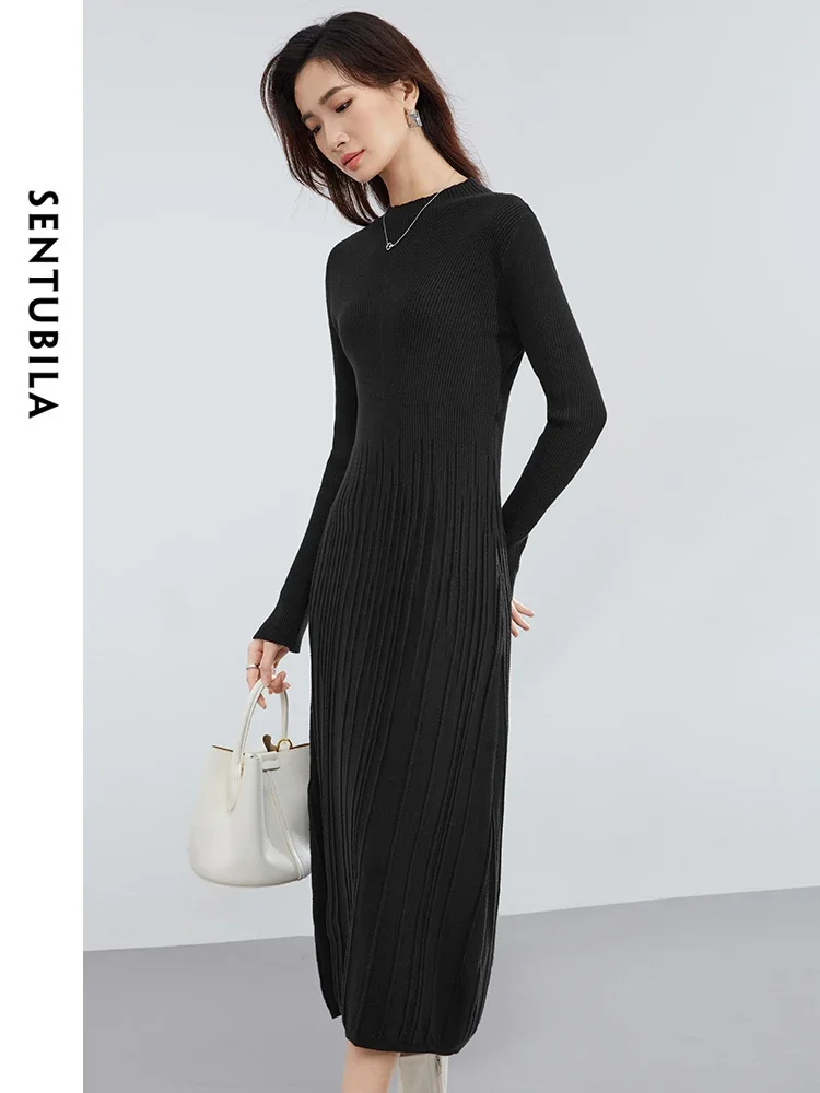 SENTUBILA Black Elegant Stand Collar Knit Pleated Dress 2024 Spring Fashion Woman Long Sleeve Midi Dresses Clothing W44L58523X