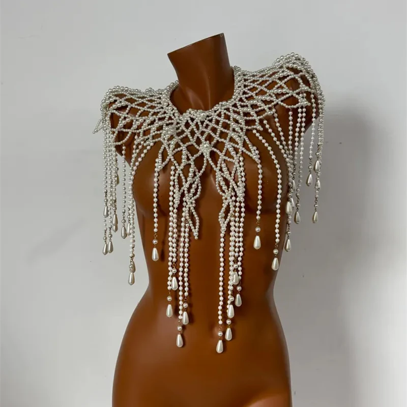 Vintage Damen Perlen-Körperkette, Schal mit Quasten, Perlenbesetzter Schulterumhang für Hochzeit, Brautparty, Abendkleid, Schmuck – Detail 1