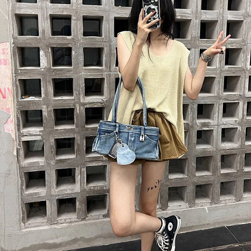 

Women's new retro washing denim bag luxury designer old fashioned large capacity multi-pocket fashion motorcycle style tote bag