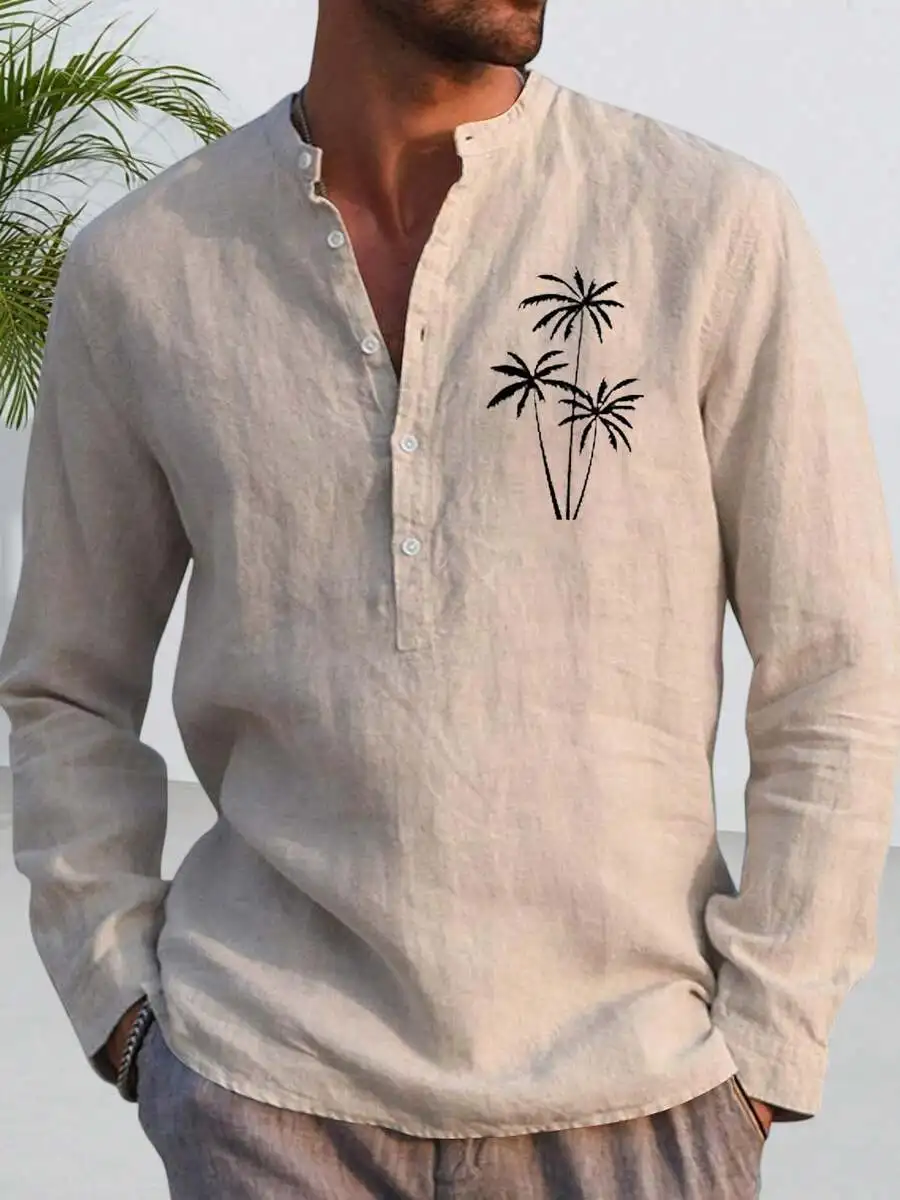 

Mens Linen Mandarin Collar Shirt With Palm Tree Print Summer Casual Vacation Top