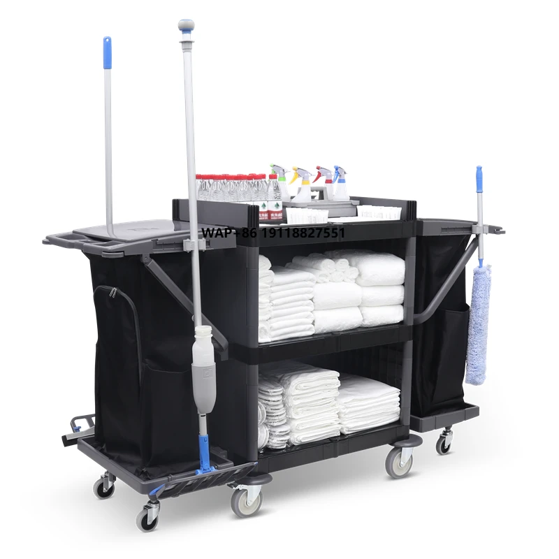 

Hotel Plastic Janitorial Cleaning Cart Commercial Cleaning Housekeeping Trolley Room Service Cart on Wheels