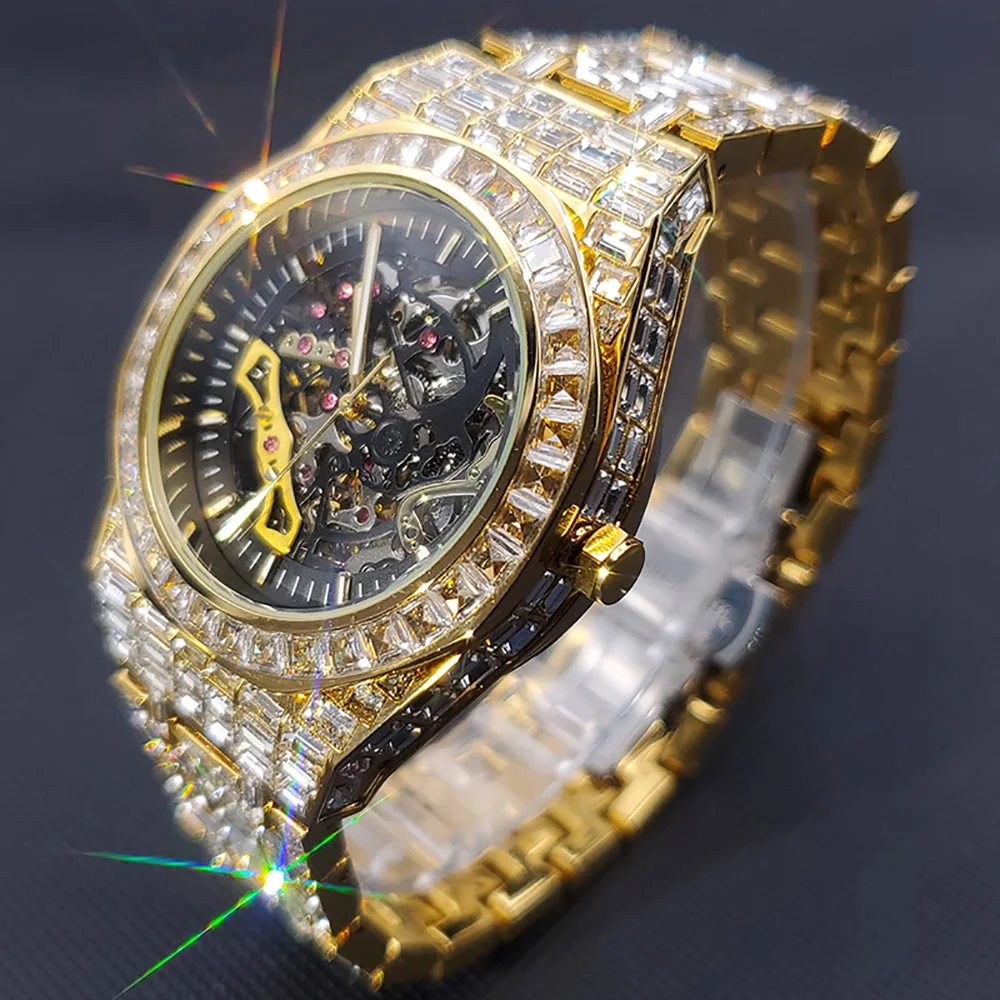 Mechanical Mens Watches MISSFOX Brand Luxury Iced Out Stainless Steel Automatic Luminous Watch For Men Jewelry Relógio masculino