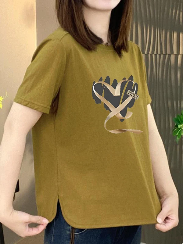 

Модная женская футболка с круглым вырезом и короткими рукавами, с принтом, для женщин среднего и пожилого возраста, стройнящий топ, универсальный и стильный.