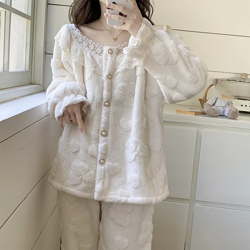 

autumn winter coral fleece Women pajamas fleece-lined girl's thicken long sleeves keep warm Comfortable Sleepwear homewear suit