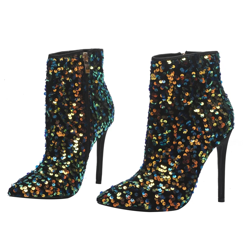 Bling Green Sequins Pointed Toe Ankle Boots Thin High Heels Zipper Side Short Boots Woman Multi-Color Paillette Booties