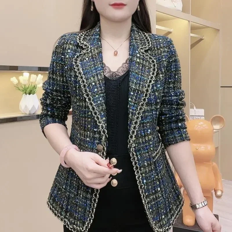 

Tweed Blazer Plaid Small Fragrance Woman Coat 2024 New Autumn and Winter Thick Warm Outerwear Lady One Button Leisure Suit Top