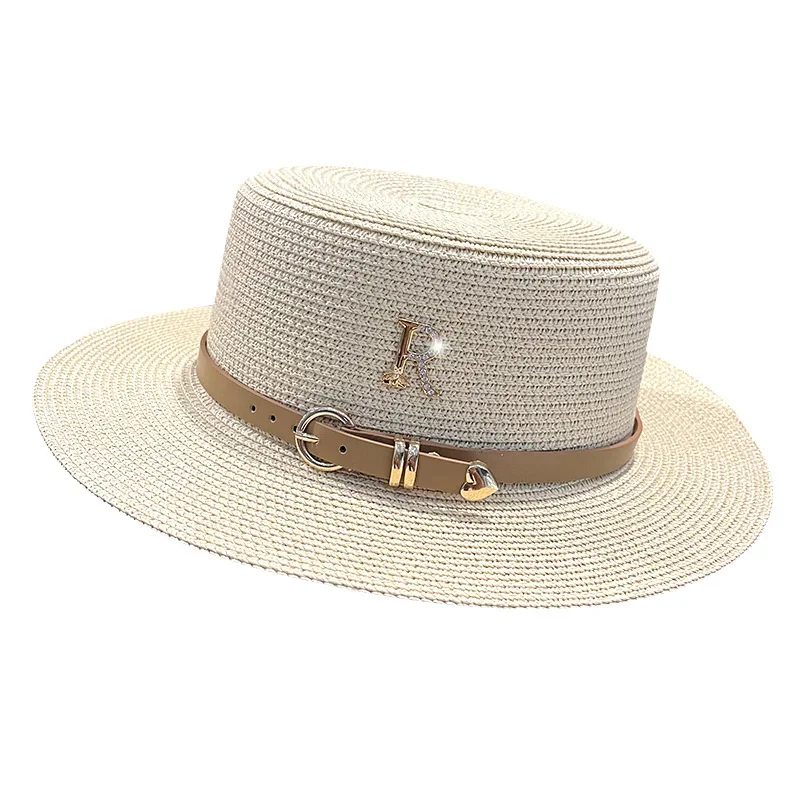 New Metal R Letter Buckle Straw Hat Leisure Summer Sunscreen Hat Women\'s Fashionable Beach Hat Vintage Hat Church Hats