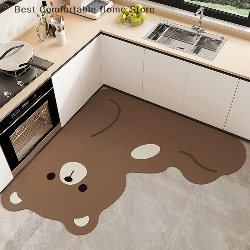 Cute Cartoon L-Shape Absorbent Kitchen Floor Mat Mat Long Diatomite Kitchen Rug Soft Washable Carpets Bathroom Entrance Doormat