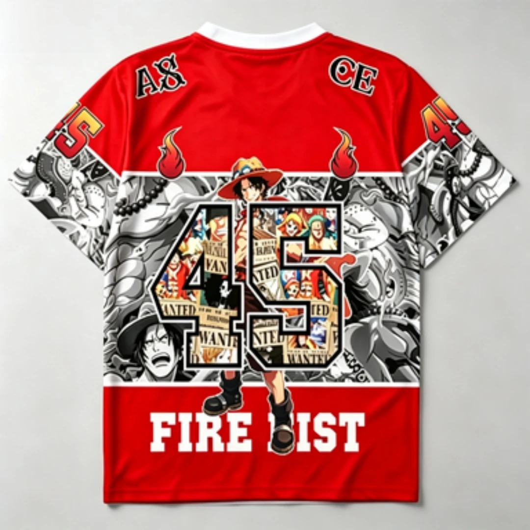 One Piece Ace Red and White Striped V-neck Breathable Mesh Fire Fist Ace 45 Wanted Poster Printed Sports and Leisure Loose Shirt