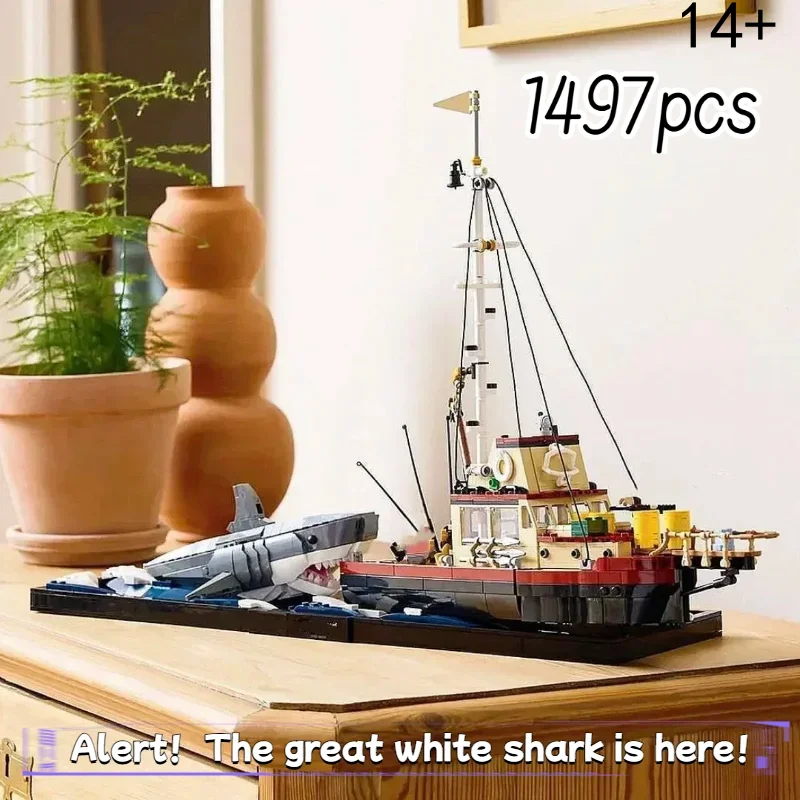 2025 NEUE 1497 stücke Ideen Serie Backen Diorama Weißer Hai Modell Fischerboot Schiff Spielzeug Kind