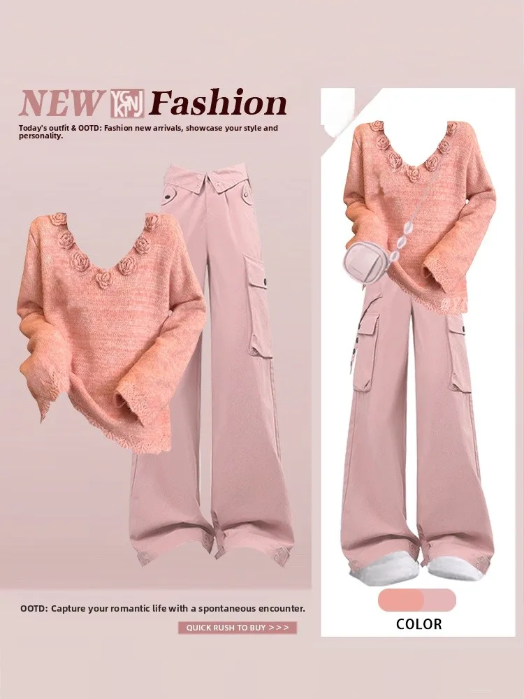 

Sweet Cool Style Pure Desire 3D Rose Knitted Sweater Sakura Pink Wide Leg Loose Jeans Women's Autumn Winter Fashion Set