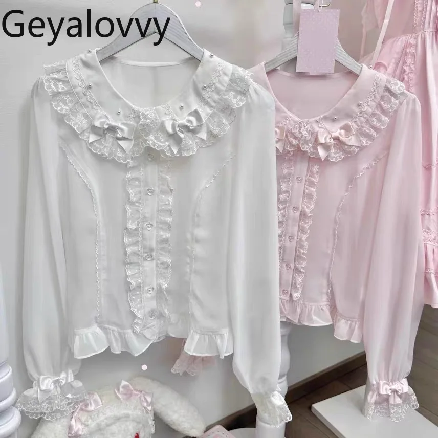

2026 Spring New Doll Collar Lolita Chiffon Blouse Cute Girls Long Sleeve Lace Pearl Tops Versatile Sweet Bow Short Shirt