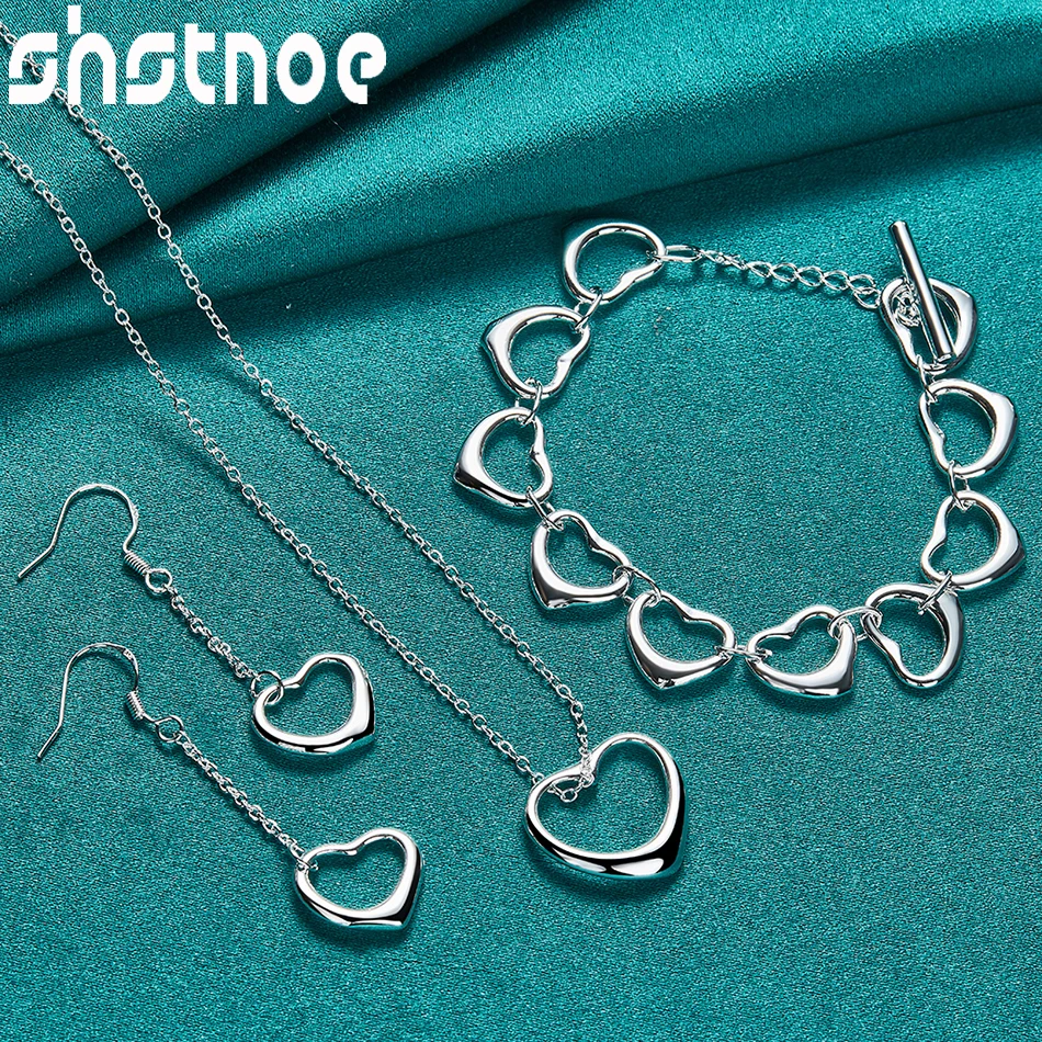 

SHSTONE 925 Sterling Silver Heart Pendant Necklace Earring Bracelet Jewelry Sets For Woman Wedding Charm Cute Birthday Gifts