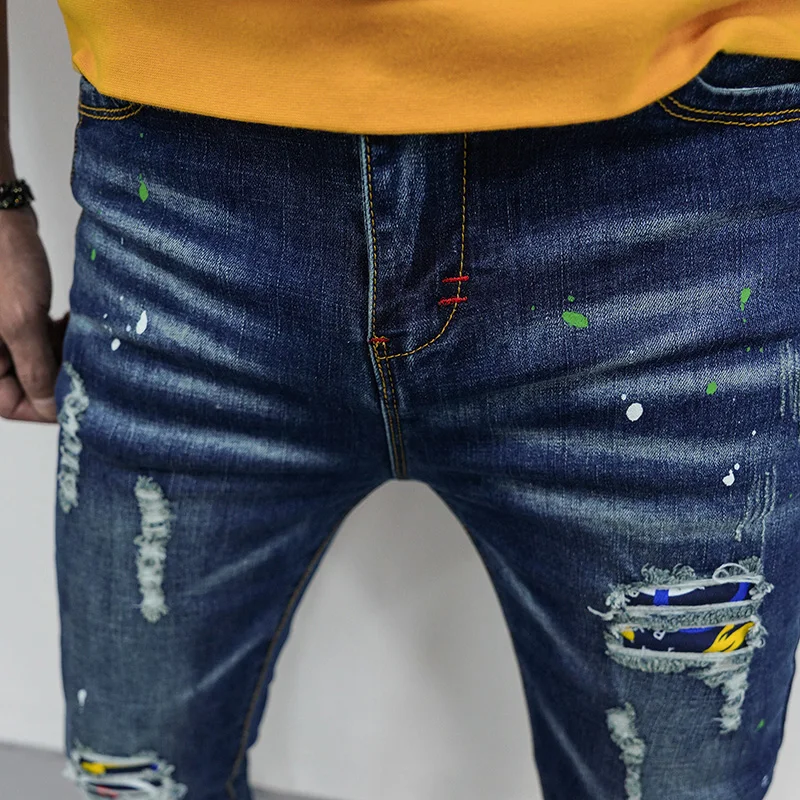 New Fashion Street Skinny Jeans Men Vintag Ewater Washing Distressed Patch  Trouser Mens Casual Slim Fit Pencil Denim Pants Blue