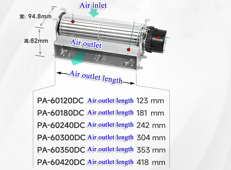 Air outlet length 304mm 418mm DC12 24V PA60DCMM Cross flow drum type quiet high air volume air blower