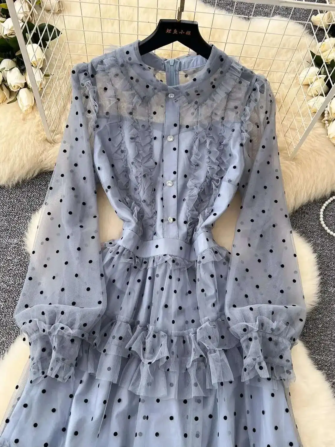 Summer Polka Dot Embroidery Tulle Lace Ruffle Cake Dress Women\'s Autumn Crystal Long Sleeve Party Evening Vestido Midi Robe Grey