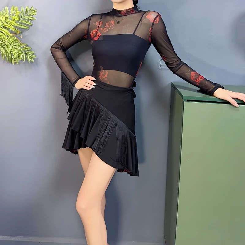 여성용 새로운 슬림핏 라틴 & 볼룸 댄스 의상 - 프린지가 있는 성인 연습용 하프 스커트 - 국제 표준 스커트