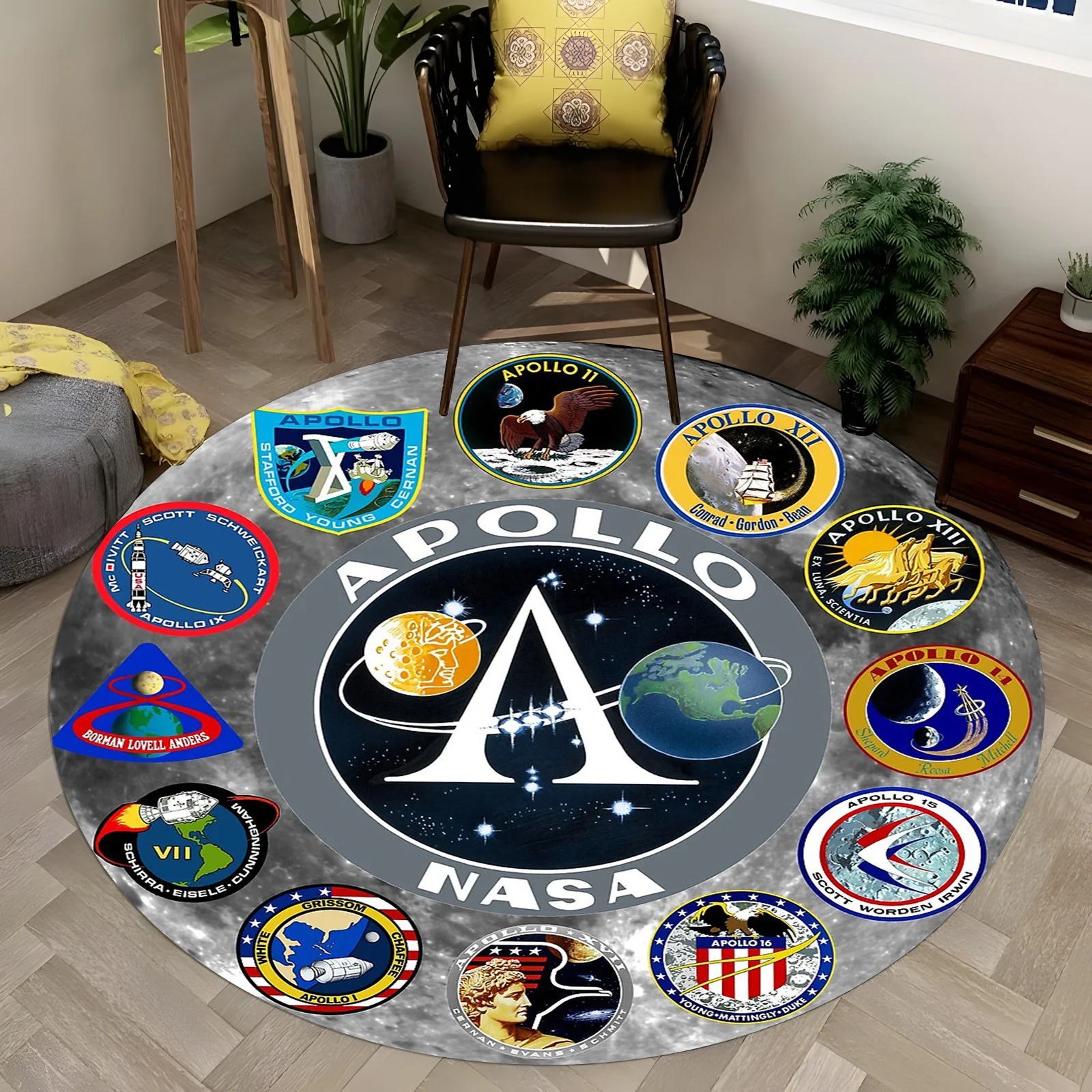 Apollo Mission Round Rug - Vintage Space Program Design with 12 Mission Patches, Astronomy Lover Carpet, Non-Slip Home