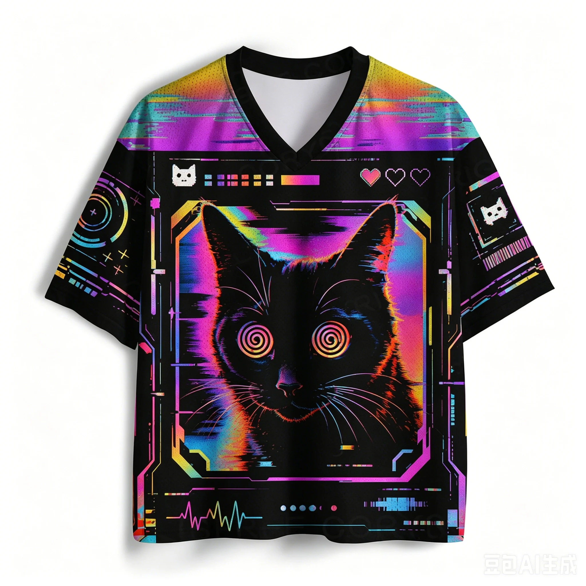 Trendiger Bestseller 2026 Mode Cyberpunk Kitten Fitness-Trikot Hawaiianisches Casual Hip-Hop V-Ausschnitt T-Shirt Wander- Alltags- Street-Sport-Oberteil – Detail 3