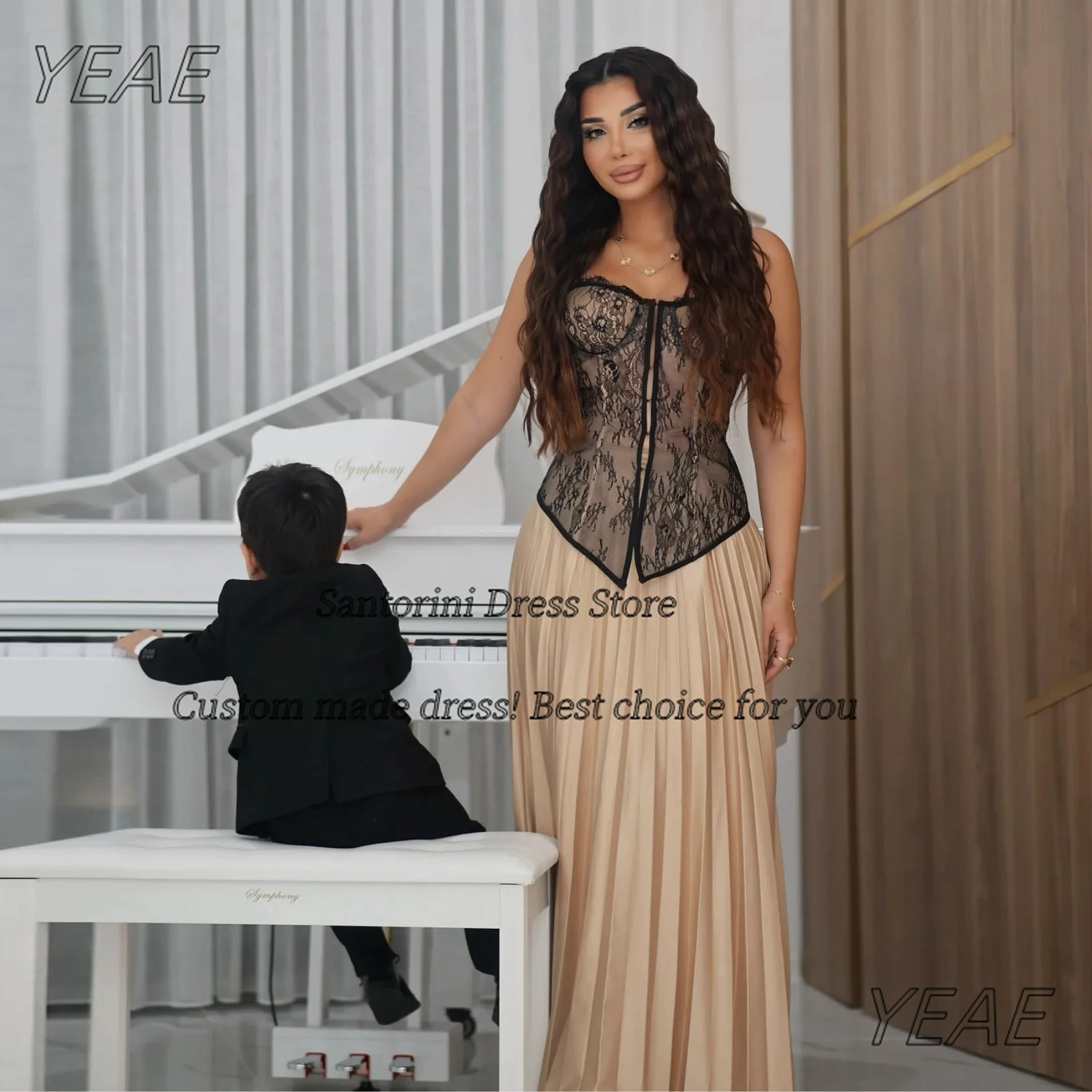 

Santorini Two Pieces Prom Dresses 2025 Sweetheart Black Lace Corset Cocktail Party Dress Pleats Long Evening Gowns Customized