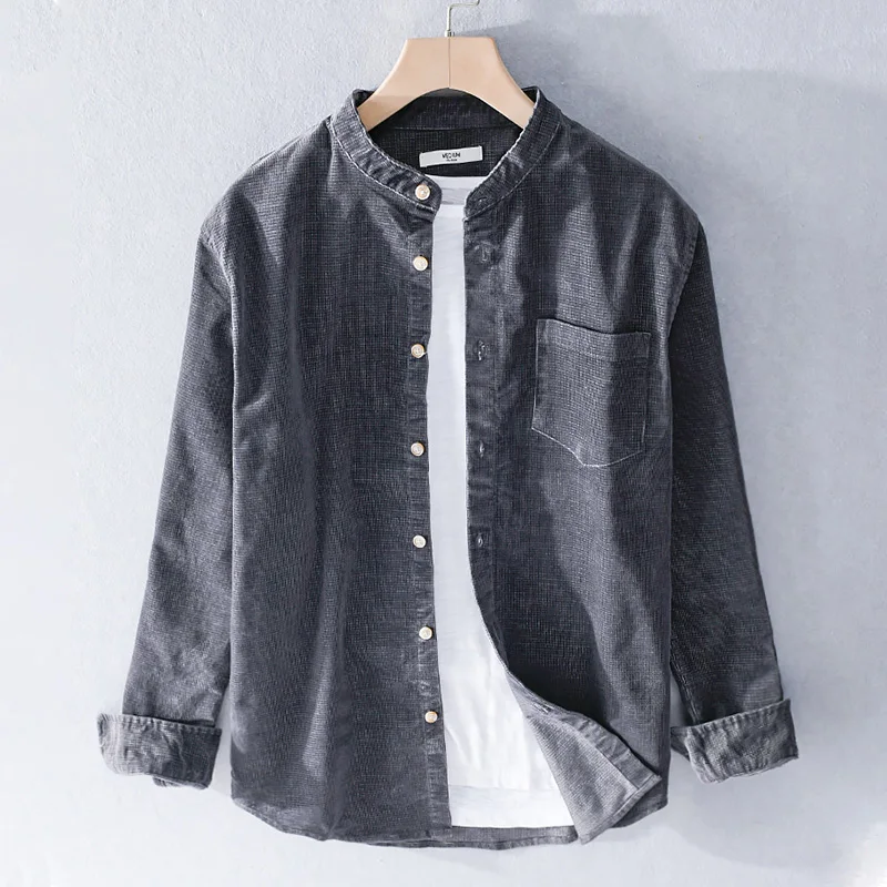 Japanese Style Pure Cotton Corduroy Long Sleeve Shirt Men's Autumn Retro Casual Top  Color Stand Collar Shirt Jacket Trendy