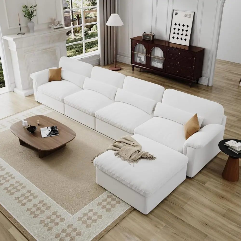 

White Fabric Modular Sectional Sofa Set Comfortable Compressible Reclining Couch for Dining Living Room Easy Convenient