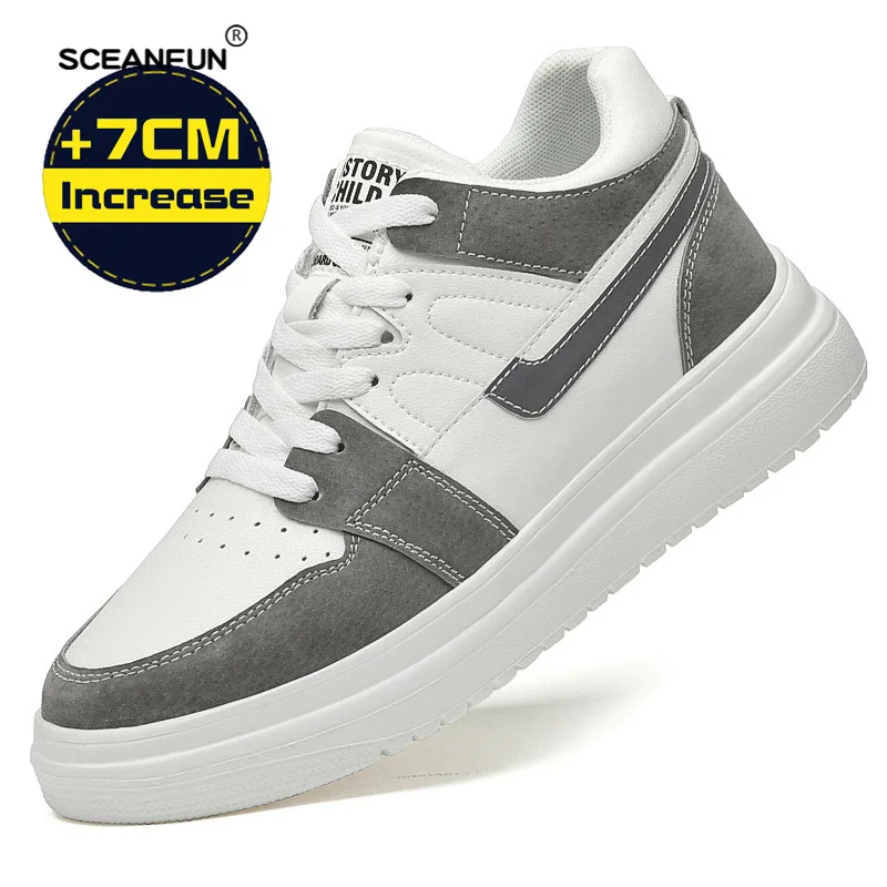 Zapatillas de deporte para hombre, zapatos con elevador, tacones ocultos, altura de elevación, zapatos de cuero genuino aumentada, plantillas de 7CM, aumento de altura deportiva para hombre