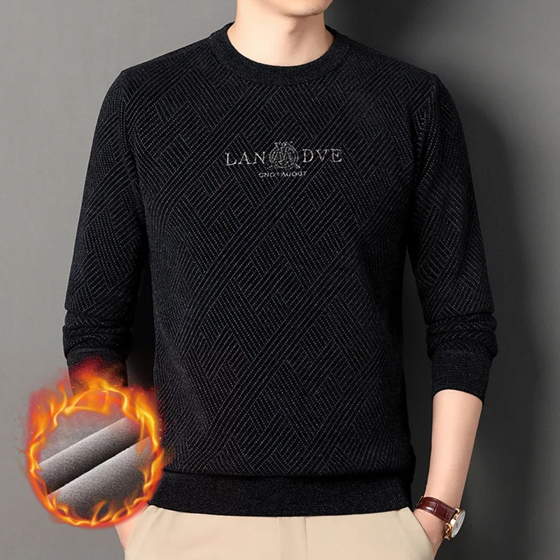 Winter New Chenille Solid Color round Neck Sweater Men's Fleece-lined Thickened Casual Sweater Warm Top