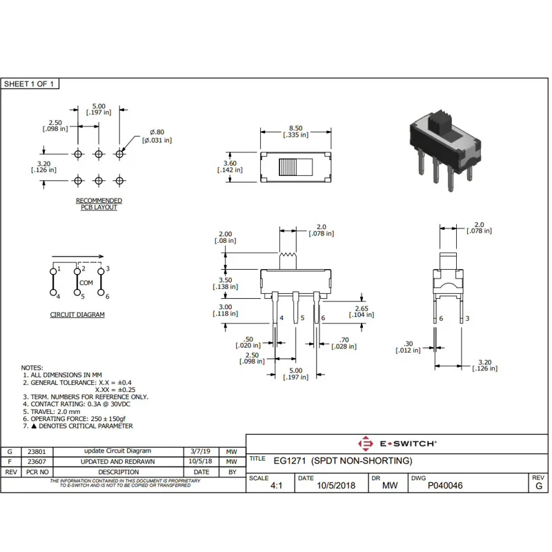 2pcs/lots Genuine U.S.A. EG1271 Toggle 6-pin 2-position Inline Vertical Double Row Slide Switch