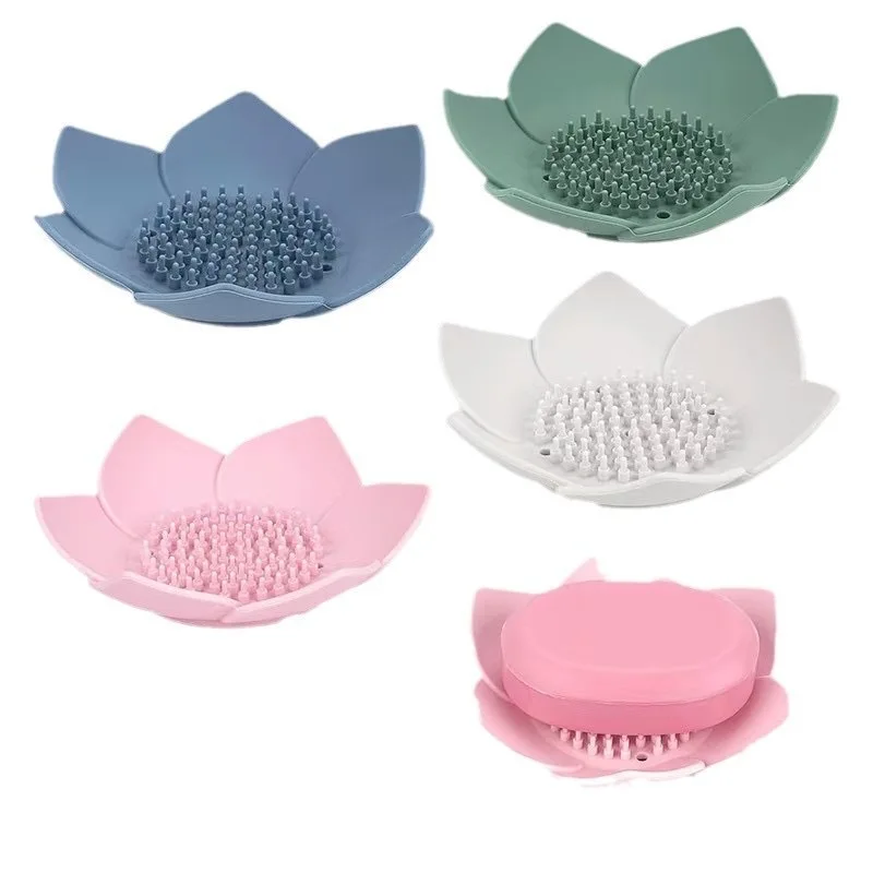 50pcs/lot Lotus Shape Soap Dishes Portable Silicone Soap Box Storage Plate Draining Soap Holder Bathroom Shower Tool
