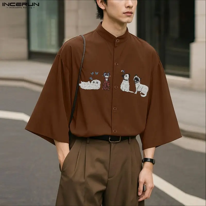 Incerun camisa masculina bordada lapela 3/4 manga solta roupas masculinas streetwear estilo coreano moda casual topos camisas masculinas S-5XL