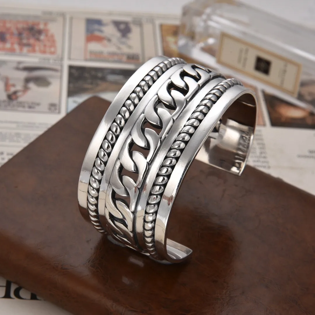 

S925 sterling silver wide stacked bracelet for men and women trendystylishhip hop opening single ring fashion bracelet