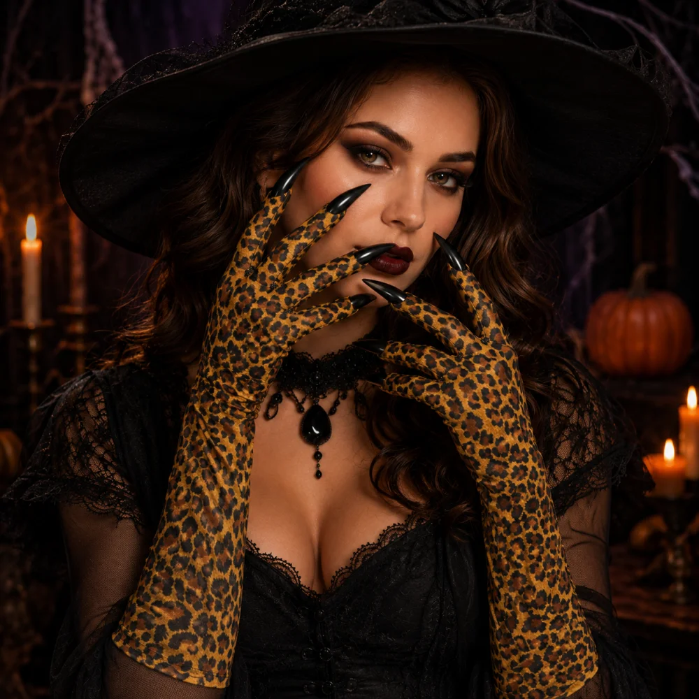 Leopard Print Long Gloves for Women, Gothic Witch Vampire Halloween Costume Gloves, Sexy Retro Opera Style Arm Gloves, Cosplay P