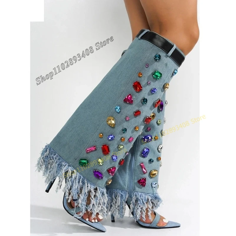 Azul Demin Crystal Decor Mid Calf Boots para mulheres, estiletes, salto alto, moda ocidental, sapatos sensuais, 2023