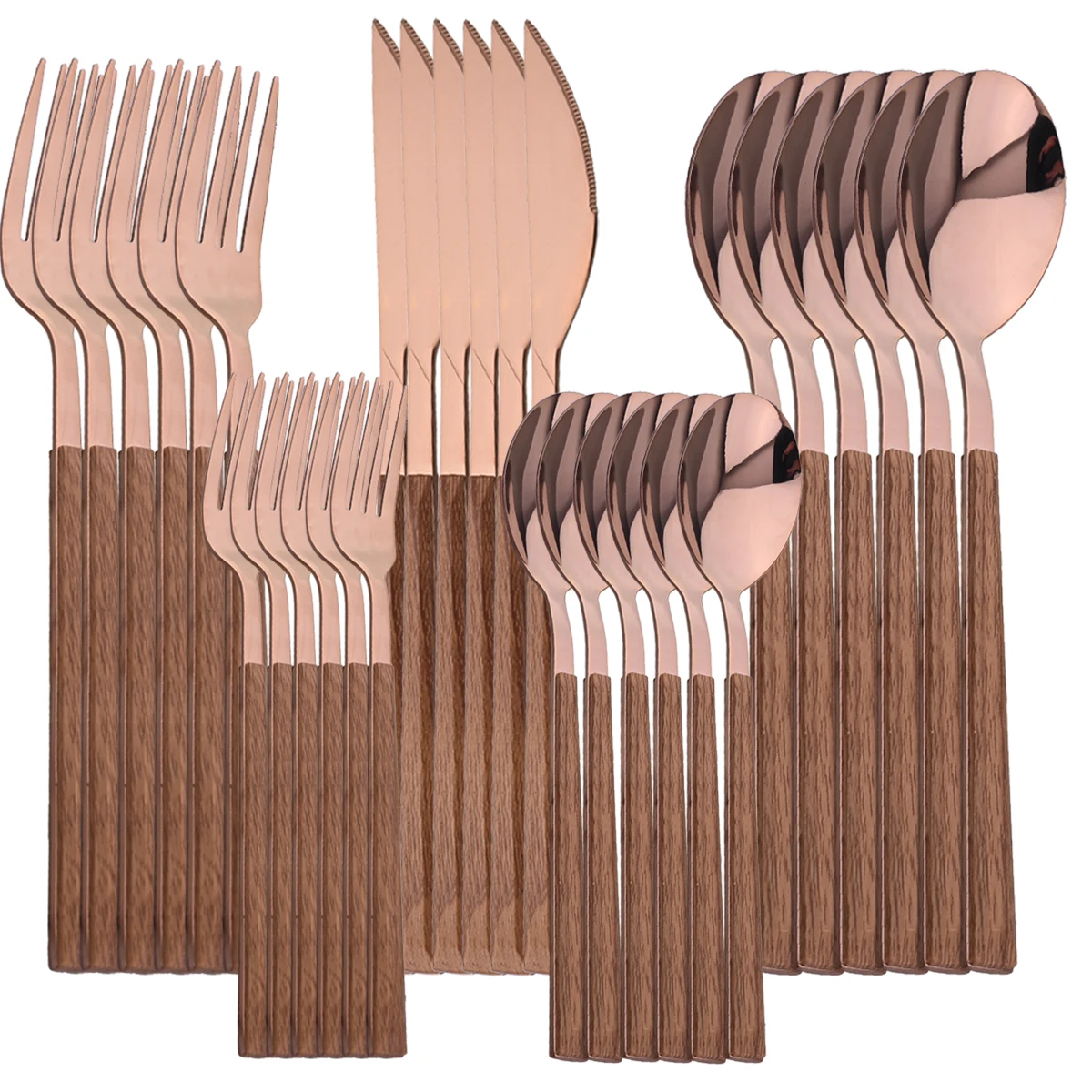 

AJOYOUS 30Pcs Dinnerware Set Stainless Steel Cutlery Imitation Wooden Handle Mirror Rose Tableware Set Kitchen Dinner Flatware