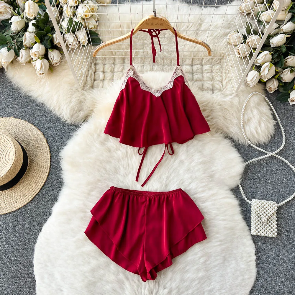 

Women Hotsweet Satin Pajamas Suits Ins Fashion Lace Patchwork Camisole Split Shorts Vintage Sexy Summer Two Pieces Sets