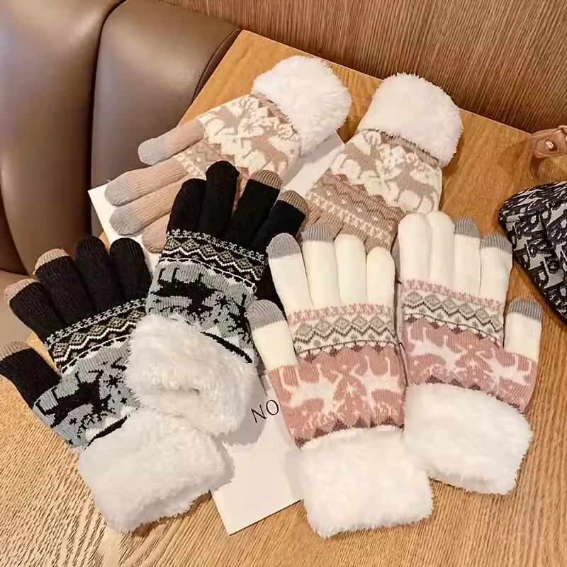 2025 Christmas Thick Reindeer Jacquard Knitted Full Finger Gloves for Women Touchscreen Washable Warm Gloves Soft Skin Friendly