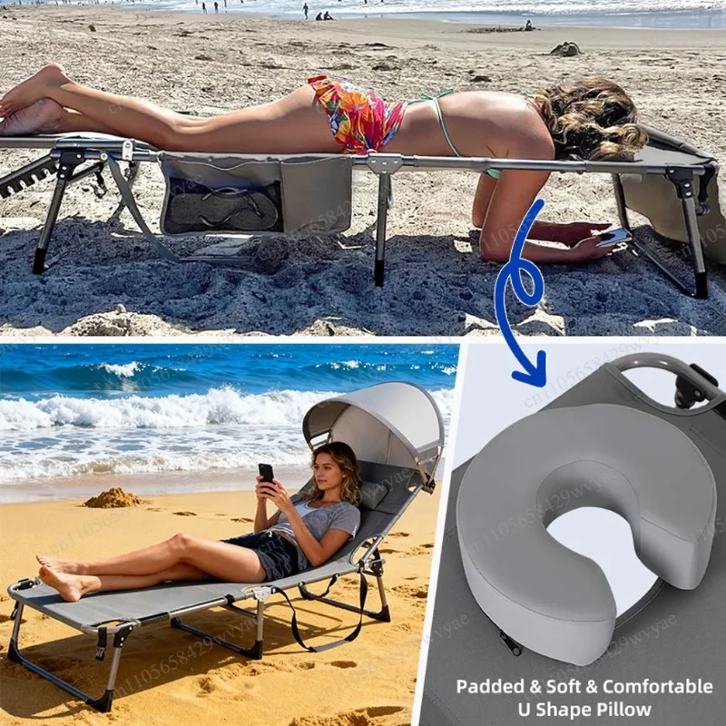 Beach Chair Sun Back Chair Household with Awning Sun Bath Lunch Break Rollaway Bed
