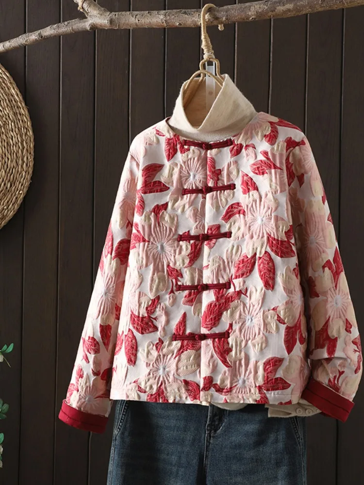 

New Chinese Style Lightweight Floral Embroidery Cotton Jacket Women's Winter Short Coat Warmth Improved Tang Costume Cotton O...