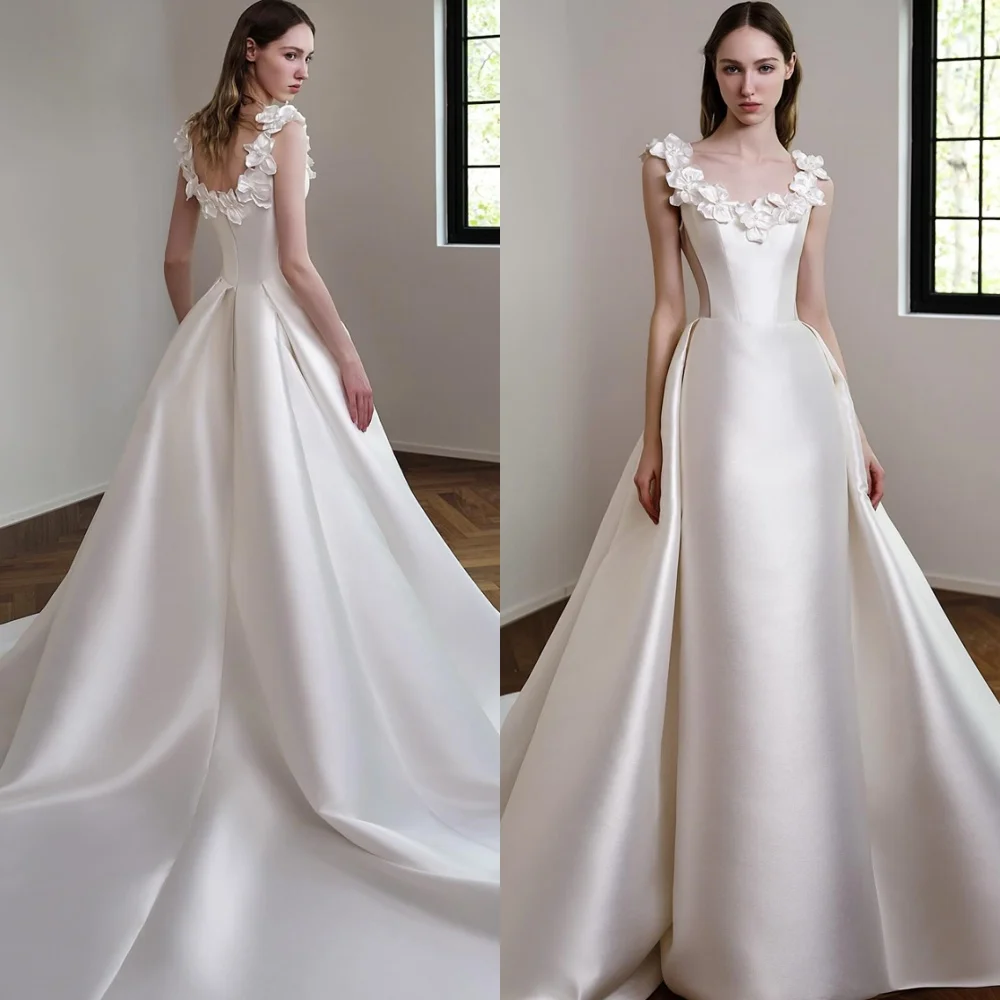 

Customized Classic Satin Wedding Dress Dreamy Off the Shoulder Flowers Heavy Industry Wedding Dresses Backless Open Bride Gowns