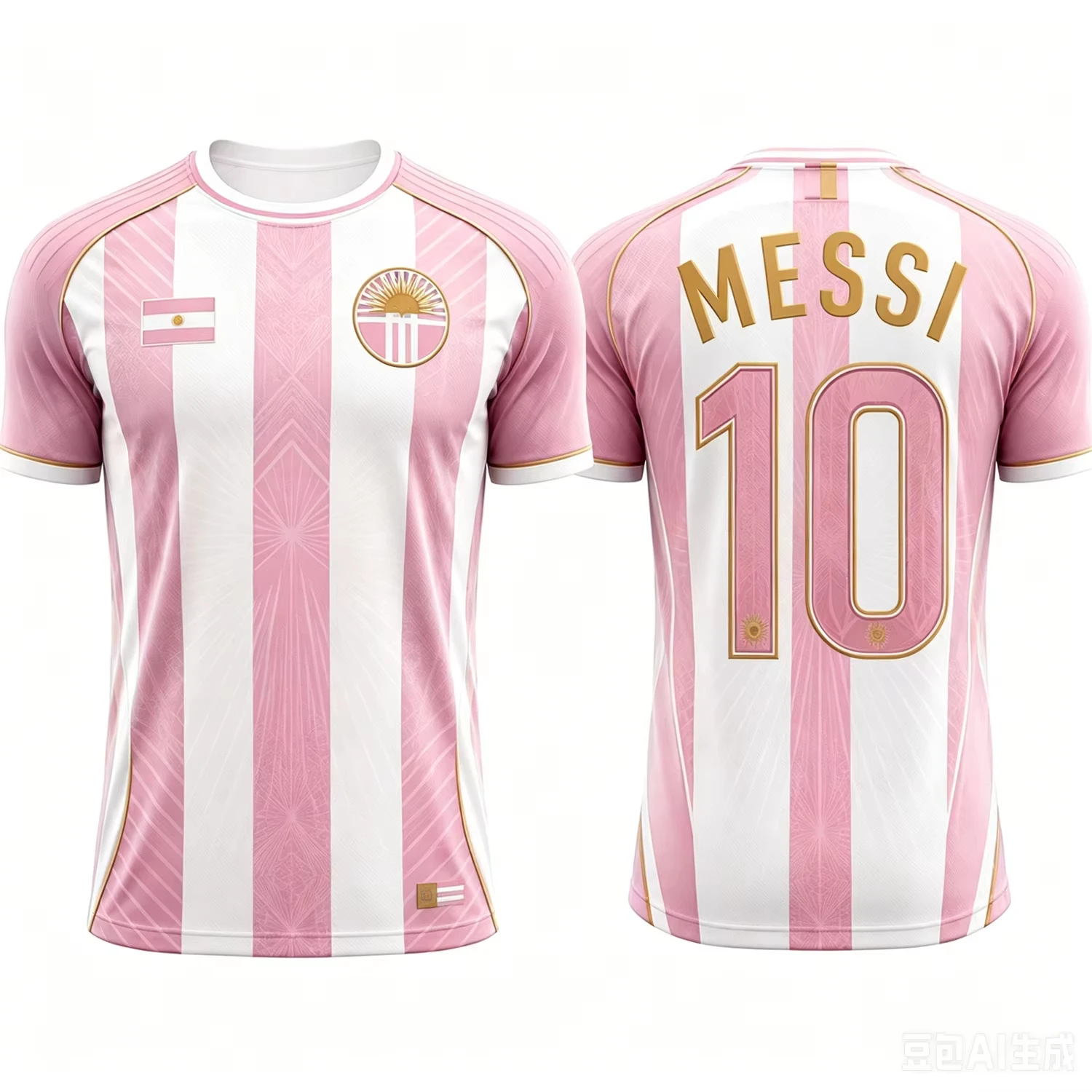 Messi No.10 Argentina Sun Flag Pink White Vertical Stripe Texture Print Soccer Jersey For Men Youth Kids Quick Dry Tee