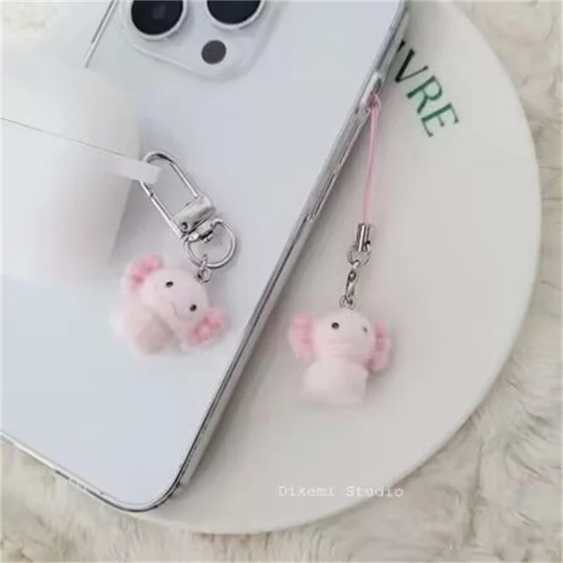 Cute 3D Flocking Axolotl Keychain Flocked Pink axolotl Couple Mobile PhonePendant Car Keyring Earphone Backpack Charms Bag Decor